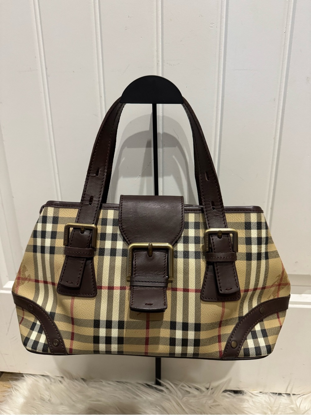 Burberry Leather-Trim Plaid Tote Bag